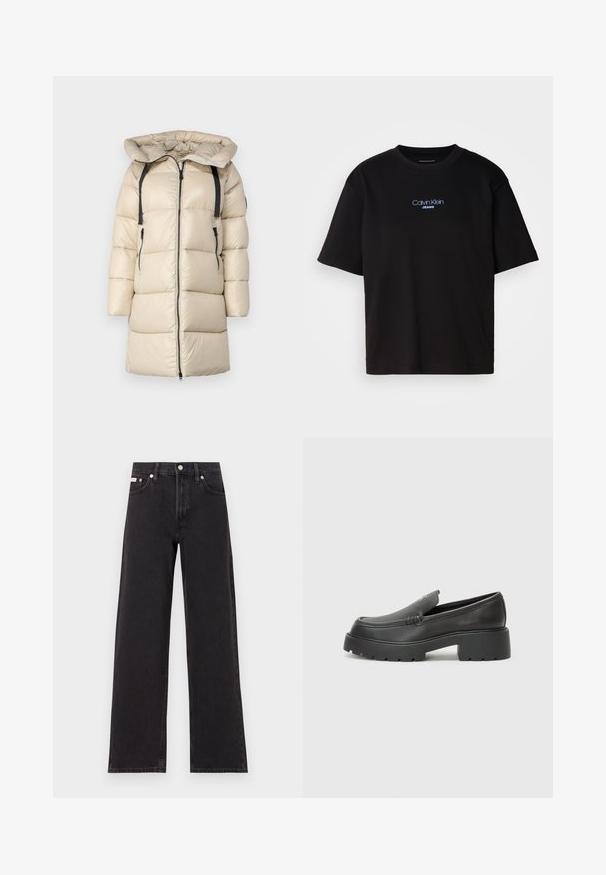Beige Daunenjacke mit Kapuze, mit Reißverschluss vorne, horizontalen Nähten, zwei Seitentaschen und verstellbaren schwarzen Trägern an den Schultern.; Schwarzes Baumwoll-T-Shirt mit Rundhalsausschnitt, kurzen Ärmeln und blau gesticktem "Calvin Klein JEANS"-Logo auf der Vorderseite.; Schwarze weit geschnittene Jeans aus Denim mit einem hoch sitzenden Bund, fünf Taschen und einem Metallknopfverschluss mit kontrastierendem Nähte.; Schwarze Lederloafer mit einer abgerundeten Spitze, dicker strukturierten Laufsohle und minimalen Nähten. Schlankes Design ohne sichtbare Schnürsenkel oder Beschläge.