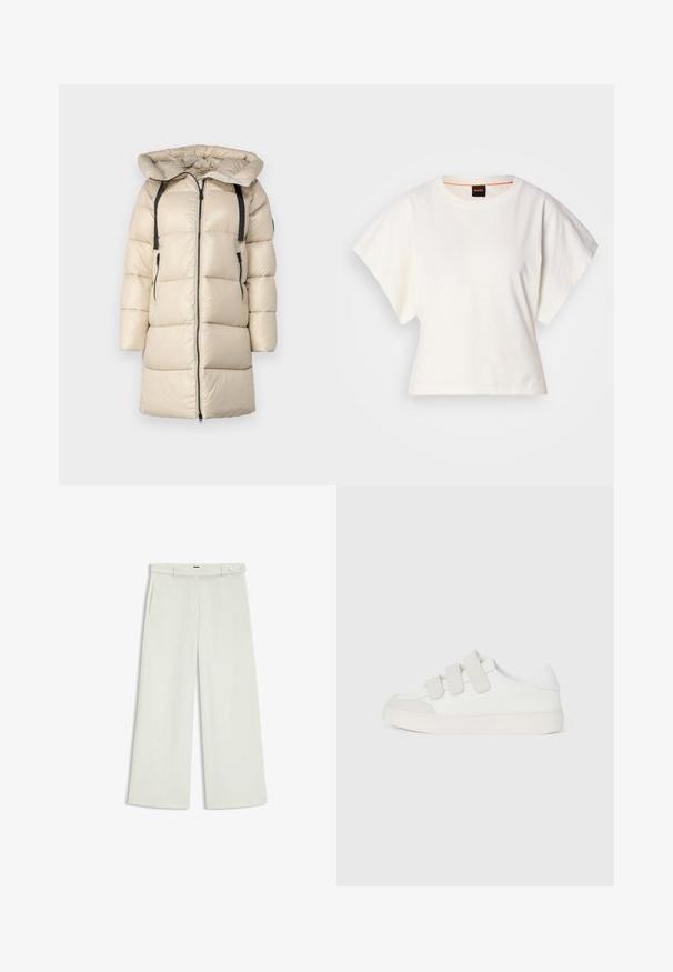 Beige Daunenjacke mit Kapuze, mit Reißverschluss vorne, horizontalen Nähten, zwei Seitentaschen und verstellbaren schwarzen Trägern an den Schultern.; Weißes, kurzes T-Shirt, kurze weite Ärmel, weicher Baumwollstoff, runder Ausschnitt mit subtilen orangefarbenen Akzenten, minimales Design, keine Muster oder Grafiken.; Weite Hose aus zartem Creme-Stoff, mit seitlichen Taschen, flatem Bund und einer Knopfverschluss an der Taille. Glatte Textur.; Weißer Sneaker mit einem glatten Lederoberteil, drei Klettverschlüssen auf dem Spann, runder Zehenpartie und einer klobigen, hellen Gummisohle.