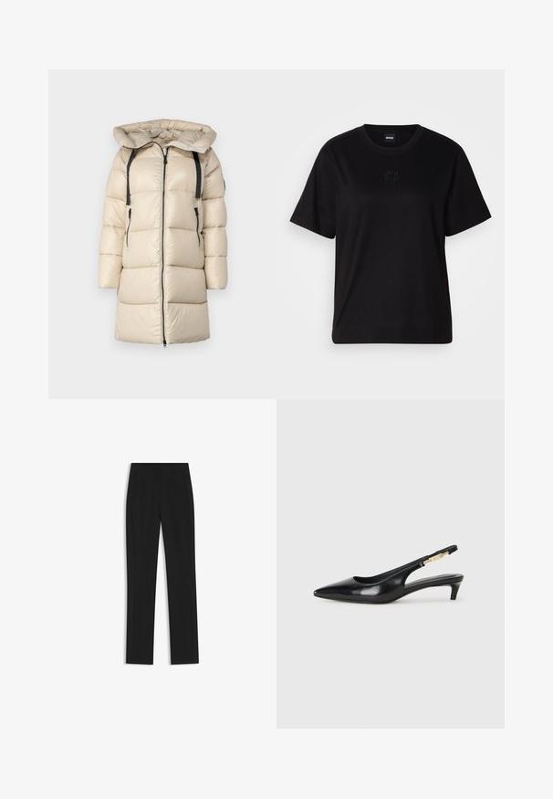 Giacca puffer beige con cappuccio, caratterizzata da chiusura frontale con zip, cuciture orizzontali, due tasche laterali e spallacci neri regolabili.; Maglietta in cotone nera con scollatura tonda, maniche corte e logo ricamato sul petto. Design semplice e vestibilità rilassata senza motivi.; Pantaloni neri su misura con un design a gamba dritta, dotati di tasche frontali e un tessuto liscio e strutturato. Dettagli ordinati e minimalisti.; Tacchi slingback in pelle nera con punta affusolata, caratterizzati da un tacco alto e un accento dorato sulla cinghia regolabile. Texture liscia.