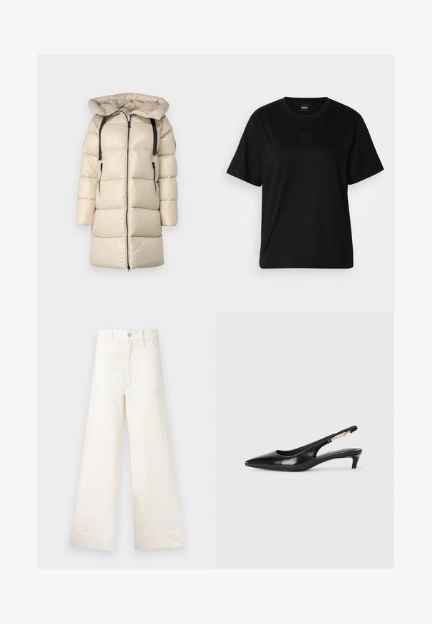 Casaco puffer bege com capuz, apresentando fecho frontal com zip, costura horizontal, dois bolsos laterais e alças ajustáveis pretas nos ombros.; T-shirt de algodão preto com decote redondo, mangas curtas e um logótipo bordado no peito. Corte simples e descontraído, sem padrões.; Calças largas em algodão bege claro. Apresentam uma cintura alta, bolsos frontais e um corte reto. Acabamento de bainha limpo, sem padrões.; Saltos slingback em couro preto com bico fino, apresentando um salto esguio e um detalhe em tom dourado na alça ajustável. Textura suave.