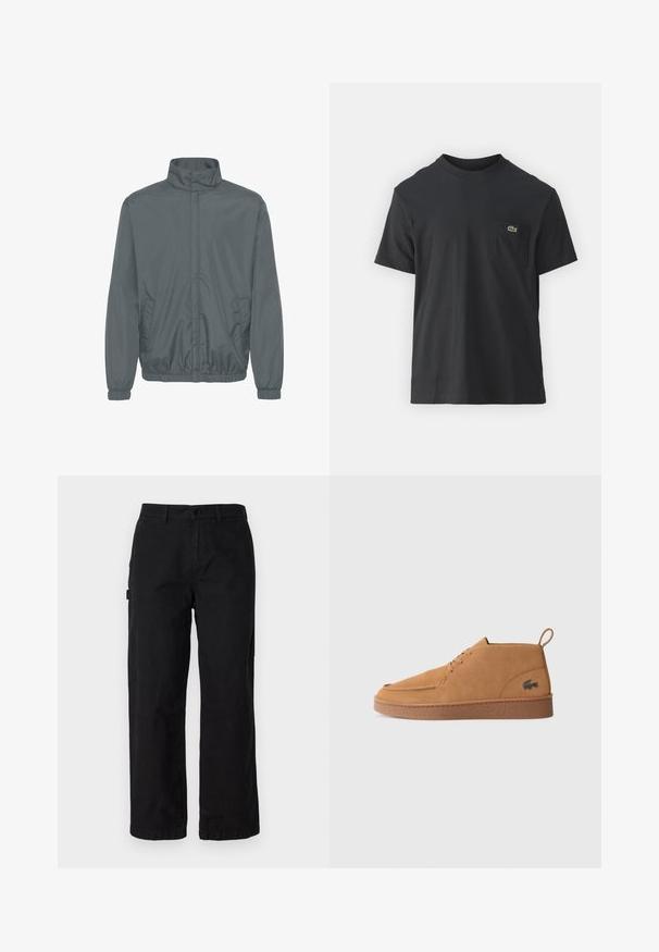 Chaqueta ligera gris con un alto cuello, cierre de cremallera en la parte delantera, puños elásticos y bolsillos laterales. Material suave con un ligero brillo.; Camiseta de algodón negra de manga corta, con cuello redondo y un pequeño logotipo verde en el bolsillo izquierdo del pecho. Diseño simple, ajuste regular.; Pantalones cargo de algodón negros con un diseño de pierna recta, que cuentan con bolsillos laterales y un cierre frontal con botón. Tela duradera con una textura suave.; Zapato de ante marrón con cordones, tobillo bajo y suela de goma, que presenta un tirador y el logotipo de cocodrilo en el lateral.