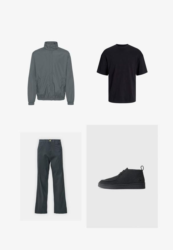 Harmaa kevyt takki, jossa on korkea kaulus, vetoketjukiinnitys, joustavat hihansuut ja sivutaskut. Sileä materiaali, jossa on kevyt kiilto.; Musta puuvillapaita, jossa on pyöreä kaula-aukko, lyhyet hihat ja rento muotoilu. Yksinkertainen ja sileä pinta, ilman näkyviä kuvioita tai koristeita.; Mustat housut suoran lahkeen leikkauksella, valmistettu puuvillasekoitekankaasta. Varustettu metallinappikiinnityksellä ja sivutaskuilla. Ei näkyviä kuvioita.; Mustat mokka nauhalla suljettavat nilkkasaappaat, joissa on vetotappi ja teksturoitu pohja, sekä pieni kohokuvioitu krokotiililogo sivulla.