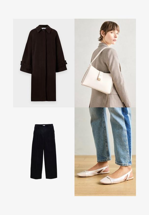 Pruun villane mantel krae kaelusega, raglaansleeved, eesnuppude sulgemine ja küljetaskud. Omab mansettide rihmasid nuppudega.; Must must-hall, mille äärega kaelusega, pikkade varrukatega ja lõdva lõikega, valmistatud pehmest kudumist.; Tumedate värvi puuvillased laiad püksid sirge lõikega, ees voldid ja diskreetne tekstuur. Omab vöörihmasid ja metallist tõmbluku.; Kahvatu roosa slingback lapikute jalatsite paar, millel on terav varvas, valmistatud siledast nahataolisest materjalist. Omab külgedel lõikekohti ja lapikut kontsa.; Valge nahast käekott struktureeritud disainiga, millel on magnetlukk ja õlavarre rihm, esitletud neutraalse tausta ees.