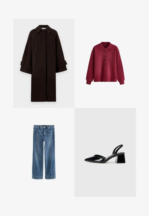 Rudas vilnonis paltas su apykakle, raglaninių rankovių, priekyje užsegamas mygtukais ir su šoninėmis kišenėmis. Apyrankės turi mygtukus.; Ilga rankovė burgundiškai raudona trikotažinė polo marškinė su keturiomis mygtukais ir banguotais rankogaliais, ant balto fono.; Šviesiai mėlynos džinsinės kelnės su plačiais sijonais, priekinėse dalyse yra užtrauktukas ir sagtys, dvi priekinės kišenės ir dvi galinės kišenės, su apvaliais sijonais.; Juodos lakuotos odinės šlepetės su smailiu pirštu ir geometriniu bloko kulnu. Turi elegantišką, minimalistinį dizainą ir lygų paviršių.