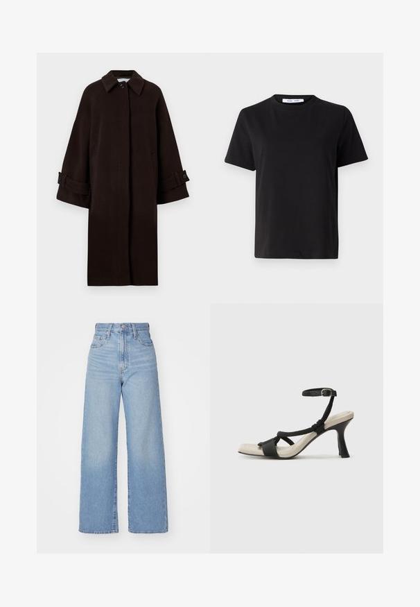 Barna gyapjúkabát, galléros nyakkal, raglánujjakkal, elöl gombos záródással és oldalsó zsebekkel. Az ujjaknál gombbal ellátott mandzsetták találhatók.; Fekete, rövid ujjú póló, puha pamutból készült, kerek nyakkivágással, laza szabással és sima textúrával. Nincs látható minta vagy grafikák.; Világoskék, magas derekú, bő szárú farmernadrág, elülső gombbal és cipzárral, elülső és hátsó zsebekkel, fehér háttérrel.; Fekete sarkú szandál fonott pánttal, négyzet alakú orral és állítható bokapánttal. Világos bézs talpbetét fényes fekete sarkával.