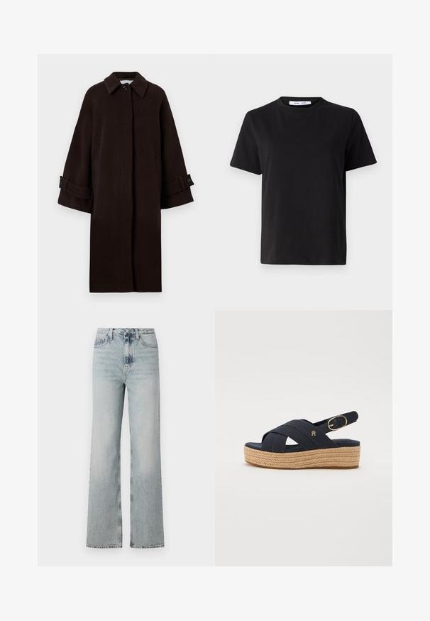 Palton din lână maro cu guler, mâneci raglan, închidere frontală cu butoane și buzunare laterale. Include curele la manșete cu butoane.; Tricou negru cu manșon scurt, fabricat din bumbac moale, având un guler rotund, o croială lejeră și o textură netedă. Fără modele sau grafice vizibile.; Jeans din denim de culoare albastru deschis, cu talie înaltă și o siluetă largă, având cinci buzunare și o decolorare subtilă pe întreaga țesătură.; Sandale espadrile din pânză bleumarin cu curele încrucișate, platformă din jută țesută și detaliu cu cataramă metalică. Talpă din cauciuc plat.