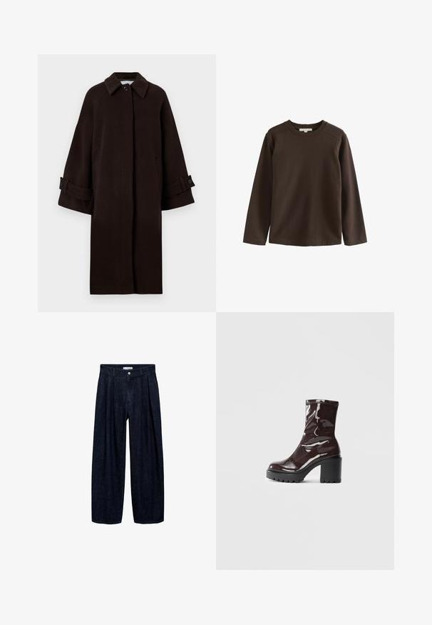 Cappotto di lana marrone con collo a revers, maniche raglan, chiusura frontale con bottoni e tasche laterali. Presenta cinturini ai polsini con bottoni.; Camicia marrone a maniche lunghe in morbido cotone, con scollatura a girocollo e maniche raglan, caratterizzata da una texture liscia e priva di decorazioni.; Pantaloni wide-leg in denim scuro con pieghe in vita, dotati di un bottone frontale e passanti per cintura. Texture liscia e design a lunghezza completa.; Stivale alla caviglia bordeaux lucido con un tacco spesso nero, caratterizzato da una superficie liscia e un design semplice. Nessuna chiusura visibile o motivo.