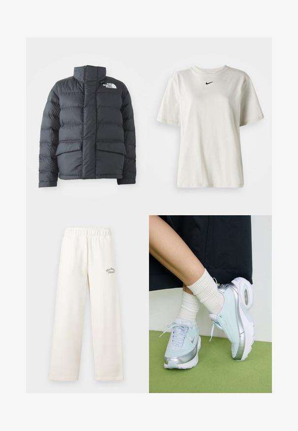 Melnā neilona pūkainais mētelis ar augstu apkakli, priekšējo rāvējslēdzēju un divām lielām kabatām ar atloku. Iezīmējas ar horizontālu kvadrātveida šuvju rakstu siltumizolācijai.; Balts kokvilnas T-krekls ar apaļu kakla izgriezumu un īsām piedurknēm. Uz krūtīm ir neliels melns Nike logo. Vienkāršs un bez rotājumiem dizains.; Kremkrāsas plaši bikses, izgatavotas no mīksta materiāla ar elastīgu jostu. Priekšpusē ir smalks zaļš izšuvums.; Gaiši zili sporta apavi ar sudraba akcentiem, teksturēts augšējais pārklājums, mīksts zole un redzama gaisa vienība. Apvienoti ar baltām ribotām zeķēm.