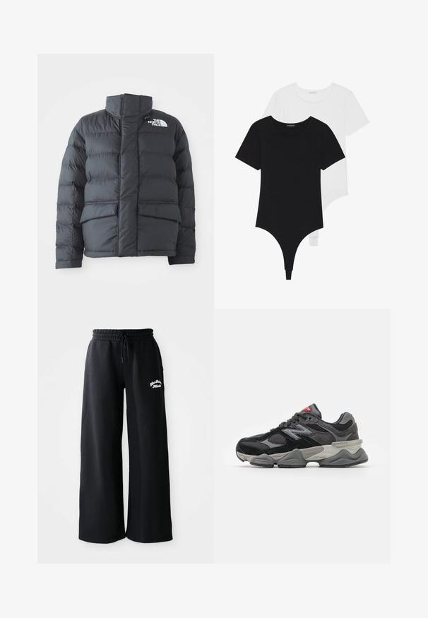 Zwarte pufferjack met een hoge kraag, gequilt ontwerp, ritssluiting aan de voorkant en twee voorzakken. Bevat een wit logo op de linkerborst.; Zwart-witte korte mouwen bodysuits met ronde halzen en stringonderdelen, gemaakt van glad, rekbaar stof.; Zwarte wijde trainingsbroek met een trekkoord in de taille. Bevat geborduurde tekst aan de linkerkant, gemaakt van een zachte katoenmix.; Zwarte en grijze sneaker met een mix van suede en mesh materialen, dikke zool, opvallend logo en een rode accent op de tong.