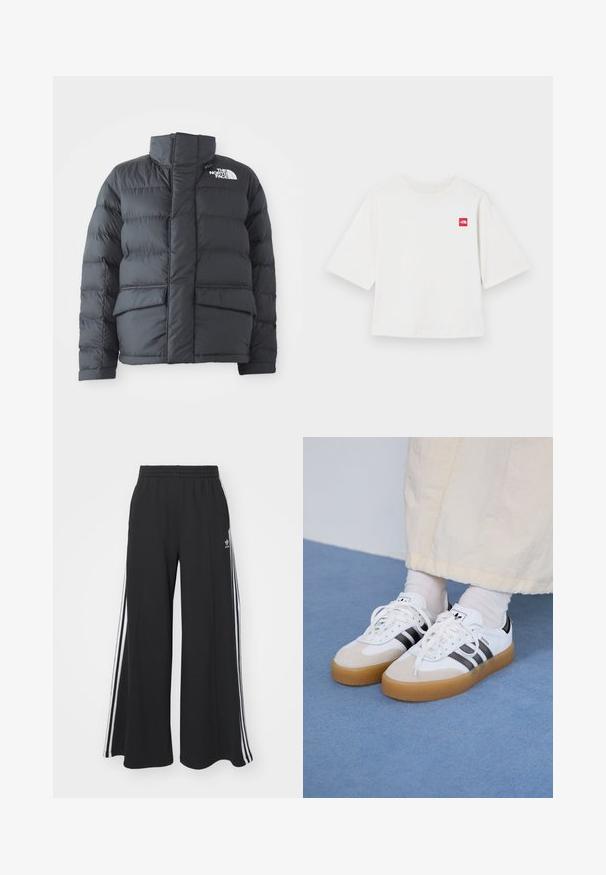 Sorte dunjakke med høy krage, quiltet design, glidelås foran og to frontlommer. Har en hvit logo på venstre bryst.; Hvit kortermet t-skjorte laget av bomull. Har en liten rød firkant-logo på venstre brystområde. Rett snitt. Myk tekstur.; Svart vide joggebukser med elastisk midjebånd, med hvite sidestriper og brodert logo på venstre lår.; Hvite sneakers med svarte striper og beige semsket skinn-detaljer. Har en teksturert gummisåle og flate hvite snører, brukt med lyse sokker.