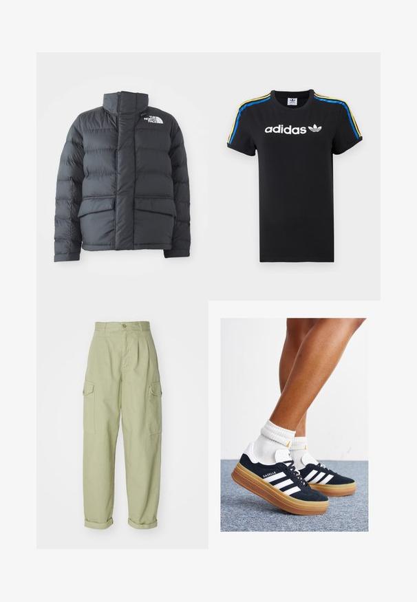Jachetă puf din material negru, cu guler înalt, design matlasat, fermoar frontal și două buzunare frontale. Prezintă un logo alb pe partea stângă a pieptului.; Tricou negru din bumbac cu mâneci supradimensionate; are un logo alb Adidas și dungi multicolore (albastru, galben și roșu) pe umeri.; Pantaloni cargo verde deschis din material textil din bumbac. Dispune de un talie înaltă, manșete răsucite și două buzunare laterale pentru un plus de utilitate.; Adidași negri din piele întoarsă cu dungi și accente albe, vârf rotund, talpă de cauciuc gumă, asortați cu șosete albe cu model nervurat.