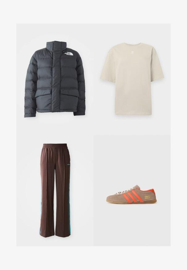 Casaco puffer preto com colarinho alto, design acolchoado, fecho de zip na frente e dois bolsos frontais. Apresenta um logótipo branco no lado esquerdo do peito.; T-shirt bege de manga curta feita de algodão, com gola redonda e pequeno logótipo branco da Adidas impresso no peito. Textura suave, corte descontraído.; Calças atléticas castanhas com uma textura canelada, cintura elástica e riscas laterais turquesa. Apresentam o logo da adidas na frente.; Sapatilhas de camurça castanha com três riscas laranjas brilhantes, atacadores à frente e logo dourado "Gazelle" na lateral. Sola de borracha plana.