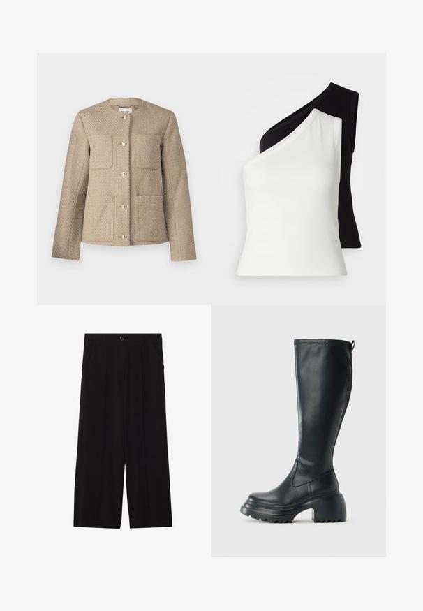 Jachetă texturată bej cu guler rotund, două buzunare pe piept și butoane de culoare aurie, având o croială structurată, adaptată pe corp.; Top fără mâneci asimetric, cu o secțiune ribbed albă pe o parte și o secțiune ribbed neagră pe cealaltă. Textură netedă și design ajustat.; Pantaloni negri cu picioare largi, confecționați dintr-un material fin, cu închidere frontală cu nasture, două buzunare laterale și pliseuri adânci.; Cizme lungi din piele neagră cu talpă platformă masivă și tocul pătrat, având un tab de tragere și un model texturat pe talpa exterioară.