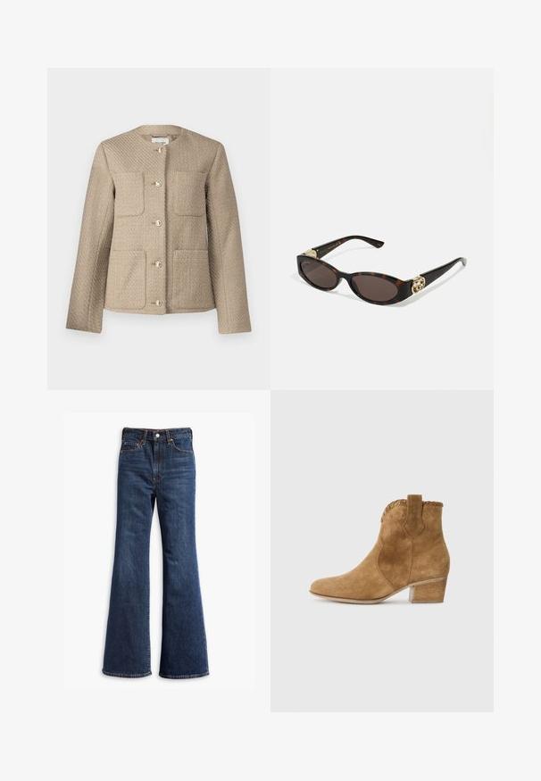 Beige tekstureret jakke med rund halsudskæring, to brystlommer og guldfarvede knapper, der har en struktureret, skræddersyet pasform.; Langærmet T-shirt med rund hals i mørkebrun, lavet af jersey-stof. Har en tætsiddende pasform med en glat tekstur og minimale syninger.; Højtaljede mørkeblå denim jeans med udvidede ben, frontknap og lynlås lukning, samt fem-lommer design.; Tan semsket ankelstøvle med spids tå, tekstureret kant ved kraven og blokhæle. Har en trækflap for nem påføring.; Skildpaddemønster solbriller med aflange ovale linser, brun farve, guldlogo accenter på stængerne og slanke sorte arme.; Brun faux suede tote bag med to stabile håndtag, en struktureret form og minimalistisk design, med subtile syninger som accent.