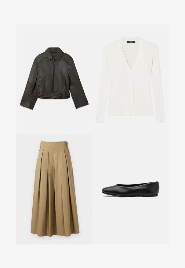 Black cropped leather jacket with a collar, zipper closure, two zippered pockets, and a belt at the waist featuring adjustable snaps and stitching details.; White ribbed cardigan with long sleeves, deep V-neck, and six button closures down the front. Soft texture and fitted design.; Gray ribbed tank top with a fitted design, wide armholes, and a rounded neckline. Made from soft cotton fabric with a smooth texture.; Khaki pleated skirt with a high waistband, made of cotton. Features a flowy design and hem finishes with subtle stitching details.; Paul Smith TOPANGA - Ballet pumps - black