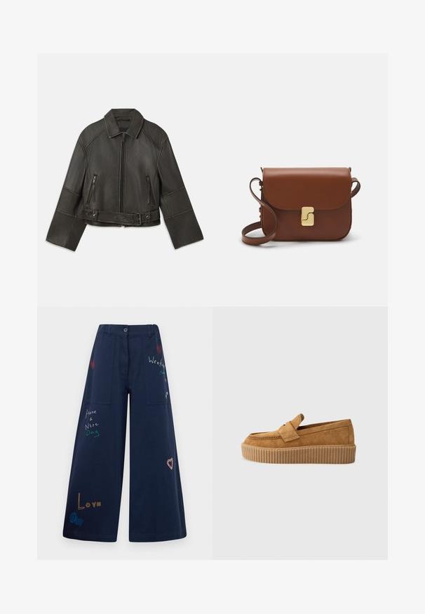 Must imel nahkjakki, millel on krae, lukuga sulgemine, kaks lukuga taskut ja vöö puusaümber, millel on reguleeritavad nööbid ja õmblusdetailid.; Pruun kudumine kõrge kaelusega särk, millel on madalad õlavarred ning ribad käe- ja allääres. Sile tekstuur ja mugav lõige.; Tumesinine laiad püksid puuvillast mitmete taskutega. Omaduseks on värviline tikandtekst ja graafika, sealhulgas südamed ja mängulised fraasid.; Pruun nubukloafer ümmarguse varbaga, ribadega platvormi tallaga ja dekoratiivse rihmaga ülevalt.; Pruunist nahast käekott, millel on klapiga sulgur, kuldne riistvara, õlarihm ja sile tekstuur. Kompaktne ristkülikukujuline vorm.