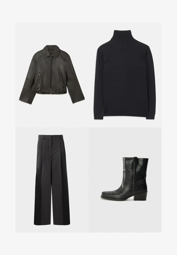 Zwarte leren cropped jack met een kraag, ritsluiting, twee ritszakken en een riem in de taille met verstelbare drukknopen en stikdetails.; Zwarte coltrui gemaakt van zacht materiaal. Heeft lange mouwen, een hoge hals, en ribbelachtige boorden en onderkant voor een aansluitende look.; Zwarte wijde broek met hoge taille, met voorplooien, een gladde textuur en een nette afwerking. Ontworpen voor een ontspannen pasvorm.; Zwarte leren enkellaars met een ronde neus, blokhak, zijrits en stikselaccenten op de wreef. Gladde textuur, klassiek ontwerp.