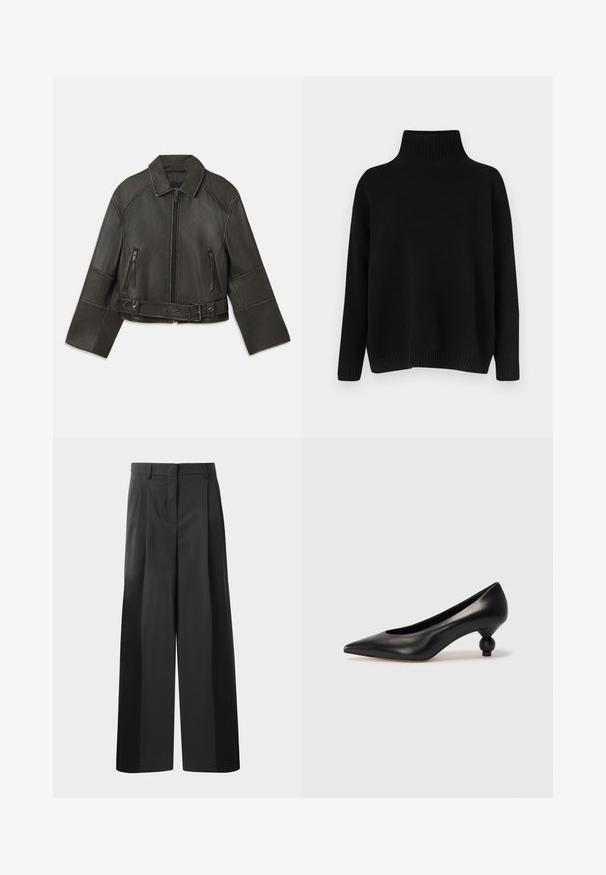 Sort cropped læderjakke med krave, lynlås lukning, to lynlåslommer og et bælte i taljen med justerbare trykknapper og syninger.; Sort strikket sweater med høj ribstrikket krave, sænkede skuldre og en afslappet pasform. Har ribstrikkede manchetter og kant for struktur.; Sort brede bukser med høj talje, med folder foran, en glat tekstur og en skræddermæssig finish. Designet til en afslappet pasform.; Sort læder høje hæle med spids tå og rund, kugleformet hæl. Glat tekstur med et stilrent, minimalistisk design.