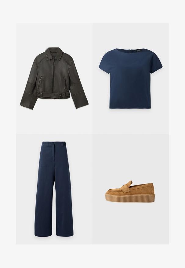 Must imel nahkjakki, millel on krae, lukuga sulgemine, kaks lukuga taskut ja vöö puusaümber, millel on reguleeritavad nööbid ja õmblusdetailid.; Tummblue lühikeste varrukatega pluus, ümmargune kaelus, sile kangas, lõdva lõikega, millel on tagasihoidlik tagakinnitus ja minimaalsed õmblustead.; Tumed laiad püksid, mis on valmistatud siledast kangast, kõrgendatud vöökoha ja kahe esi-nööbiga, kahte külgtaskut ja sirge lõikega alumisi servasid.; Pruun nubukloafer ümmarguse varbaga, ribadega platvormi tallaga ja dekoratiivse rihmaga ülevalt.