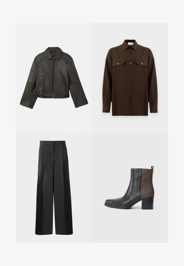Črn skrajšan usnjeni plašč z ovratnikom, zadrgo na sprednji strani, dvema žepoma z zadrgo ter pasom v pasu z nastavljivimi gumbi in šivnimi detajli.; Temno rjav srajca z dolgimi rokavi na gumbe, z dvema žepoma na prsih in klasičnim ovratnikom, prikazana na enotni beli podlagi.; Črne široke hlače z visokim pasom, z oblikovanimi pregibi spredaj, gladko teksturo in natančno dodelavo. Oblikovane za sproščen fit.; Črne usnjene gležnjarje z teksturiranim rjavim vzorcem na strani, bloku za pete in zanko za enostavno obuvanje.