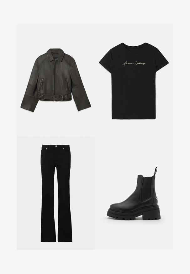 Giacca di pelle nera cropped con colletto, chiusura con zip, due tasche con zip e una cintura in vita con bottoni a pressione regolabili e dettagli di cucitura.; T-shirt nera in cotone con maniche corte e scollatura a girocollo, decorata con il logo "Armani Exchange" in bianco scritto in corsivo.; Jeans neri svasati in denim, dotati di due tasche anteriori, chiusura con bottone e una texture liscia. Cuciture iconiche visibili nei punti di giuntura.; Stivali Chelsea neri in pelle liscia con pannelli laterali elastici, suola in gomma spessa e rigata, e un manico sul retro.