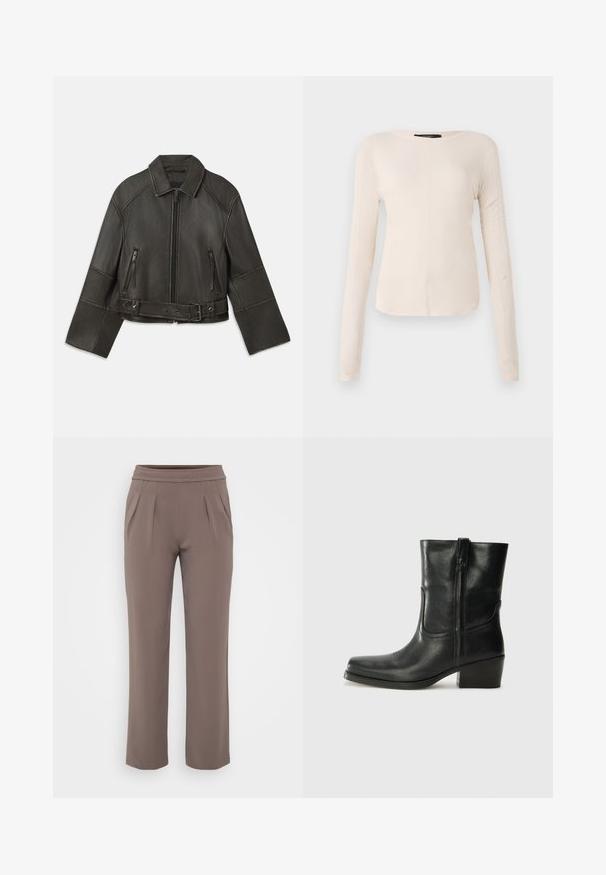 Zwarte leren cropped jack met een kraag, ritsluiting, twee ritszakken en een riem in de taille met verstelbare drukknopen en stikdetails.; Langsleeve, lichtbeige top met een ronde halslijn. Gemaakt van zachte stof, heeft een centrale naad en een iets gebogen rand. Geen zichtbare hardware.; Taupe losvallende broek met elastische tailleband en voorplooien, gemaakt van zachte stof.; Zwarte leren enkellaars met een ronde neus, blokhak, zijrits en stikselaccenten op de wreef. Gladde textuur, klassiek ontwerp.