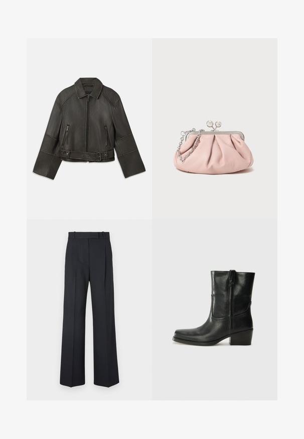 Schwarze, kurz geschnittene Lederjacke mit Kragen, Reißverschluss, zwei Reißverschlusstaschen und einem Gürtel in der Taille, der über verstellbare Druckknöpfe und Nähte verfügt.; Langärmliges, hellbeiges Oberteil mit rundem Ausschnitt. Aus weichem Stoff gefertigt, verfügt es über eine zentrale Naht und einen leicht geschwungenen Saum. Keine sichtbaren Beschläge.; Dunkelblaue Nadelstreifenhosen mit hoher Taille, weit geschnittenem Bein und ohne sichtbare Beschläge oder Verzierungen. Glatte Textur und taillierte Passform.; Schwarze Leder-Ankle Boots mit runder Zehenform, Blockabsatz, seitlichem Reißverschluss und gestickten Akzenten auf dem Blatt. Glatte Textur, klassisches Design.; Rosa Leder-Clutch mit einem gerafften Design, Metallrahmen, zwei runden Verschlüssen und einem silbernen Kettenriemen. Glatte Textur, kompakte Form.