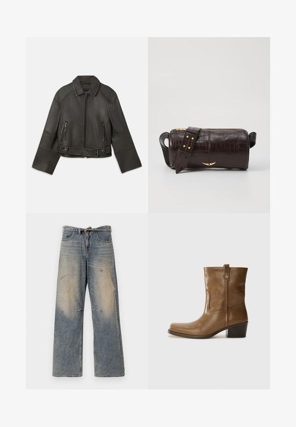 Zwarte leren cropped jack met een kraag, ritsluiting, twee ritszakken en een riem in de taille met verstelbare drukknopen en stikdetails.; Zwarte tanktop met dunne spaghettibandjes, gemaakt van ribstof, met een rechte snit en een label op de hals dat "IVY OAK" zegt.; Lichtblauwe denim jeans met een losse, recht gesneden pasvorm. Voorzien van slijtageplekken, vervaging en distressed details bij de knieën. Klassiek five-pocket ontwerp.; Bruine lederen enkelboot met een vierkante neus, gestructureerde afwerking en een lage blokhak. Voorzien van een handige achterste lus en subtiele stikdetails.; Bruine krokodil-embosserende leren tas met een cilindervorm, gouden hardware en een afneembare schouderband met studs.