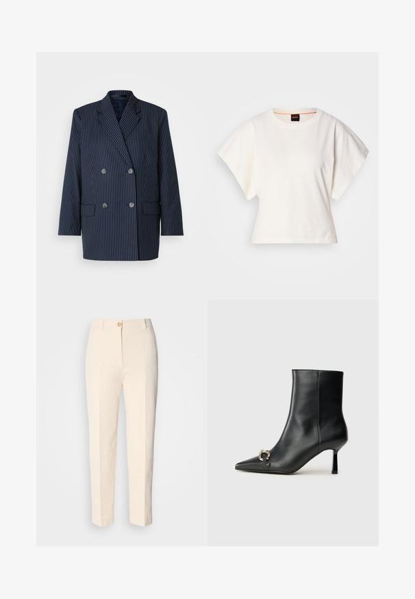 Mornarsko dvoredno blejzer z belimi črtami, z izrezom na ovratniku, dvema sprednjima žepoma in šestimi gumbi. Izdelan je iz gladkega materiala.; Bela skrajšana majica s kratkimi širokimi rokavi, mehka bombažna tkanina, okrogla ovratnica z diskretnim oranžnim robom, minimalističen dizajn, brez vzorcev ali grafike.; Kremne hlače z visokim pasom, izdelane iz teksturirane tkanine. Imajo sprednje zapiranje na gumb in ožje noge.; Črne usnjene gležnjarje s koničastim nosom, ozkim srednjem petam in srebrno zaponko na strani na enobarvni podlagi.