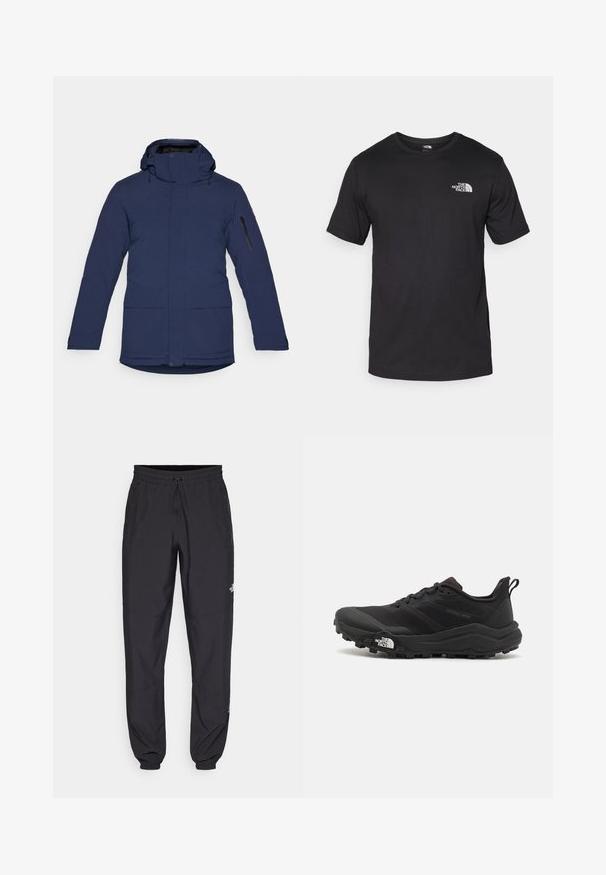 Námornícky modrá vonkajšia bunda s vysokým golierom, nastaviteľnou kapucňou, prednými vreckami a zipsovým vreckom na rukáve. Vyrobená z vodoodpudivého materiálu.; Čierne tričko s krátkym rukávom vyrobené z bavlny, s okrúhlym výstrihom a malým bielym logom na hornej ľavej strane hrude.; Čierne športové nohavice vyrobené z ľahkej tkaniny, s elastickým pásom na šnurovanie, bočnými vreckami a zúženými manžetami na členkoch.; Čierne trailové behacie topánky s štruktúrovaným zvrškom, gumovou podrážkou a vystuženou špičkou. Obsahuje polstrovaný golier a úchyt na jednoduché obúvanie.