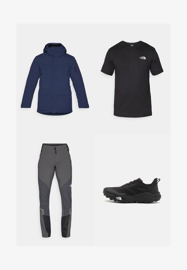 Ναυτικό μπλε εξωτερικό μπουφάν με ψηλό λαιμό, ρυθμιζόμενη κουκούλα, μπροστινές τσέπες και τσέπη με φερμουάρ στο μανίκι. Κατασκευασμένο από αδιάβροχο υλικό.; Μαύρη κοντομάνικη μπλούζα φτιαγμένη από βαμβάκι, με στρογγυλή λαιμόκοψη και μικρό λευκό λογότυπο στην άνω αριστερή περιοχή του στήθους.; Γκρι παντελόνι πεζοπορίας με στενό σχεδιασμό, πολλές τσέπες και αντίθετους σκούρους γκρι και μαύρους τόνους. Κατασκευασμένο από ευέλικτο και ανθεκτικό υλικό.; Μαύρο αθλητικό παπούτσι τρεξίματος με υφασμάτινο άνω μέρος, καουτσούκ σόλα και ενισχυμένη μύτη. Διαθέτει επενδεδυμένο κολάρο και θηλιά στα πίσω για εύκολη φορεσιά.