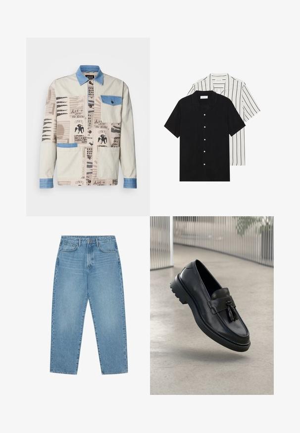 Mönsterjacka i beige med en krage och ficka i blå denim, som har olika konstnärliga tryck och två framfickor.; Två kortärmade skjortor: en helt svart och en vit med svarta vertikala ränder. Båda har knäppningar och en klassisk krage.; Ljusblåa jeans i denim med rak modell, fem fickor och lätt urblekt textur. Har knapp- och blixtlåsstängning.; Svarta loafers i läder med slät yta, dekorativ tofs, tjock sula i gummi och sydda detaljer. Lätt och elegant design.