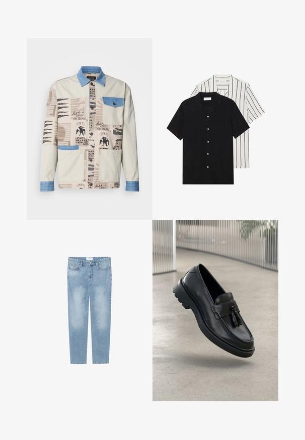 Chaqueta beige de múltiples patrones con cuello y bolsillo de denim azul, que presenta diversas impresiones artísticas y dos bolsillos frontales.; Dos camisetas de manga corta: una de color negro sólido y otra blanca con rayas verticales negras. Ambas tienen cierre de botones y un cuello clásico.; Jeans rectos de color azul claro fabricados en denim. Cuenta con un diseño de cinco bolsillos, áreas desgastadas y una etiqueta en la cintura. Sin adornos.; Mocasines negros de cuero con acabado liso, borla decorativa, suela gruesa de goma y detalles cosidos. Diseño ligero y elegante.
