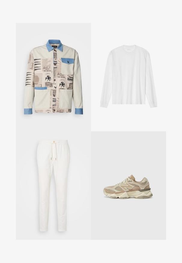 Multi-mønstret beige jakke med krave og lomme i blå denim, prydet med forskellige kunstnerisketryk og to forlommer.; Langærmet hvid bomuldstrøje med rund hals og ribbede manchetter. Enkel, umasket design med en glat tekstur og standard pasform.; Hvide linnedbukser med elastisk talje, knaplukning og tætsiddende pasform. Glat tekstur med minimal dekoration og ingen synlige mønstre.; Beige sportsko i mesh og ruskind, rund tå, tykk sål og bemærkelsesværdige reflekterende detaljer på siden.