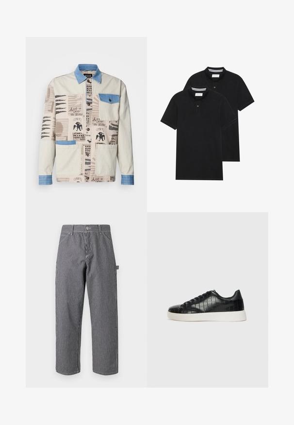 Veste beige à motifs multiples avec un col en denim bleu et une poche, ornée de diverses impressions artistiques et de deux poches avant.; Deux polos noirs, à manches courtes, en coton, avec un col classique, une patte de boutonnage à deux boutons, et des accents rayés blancs à l'intérieur du col.; Pantalons rayés en tissu mélangé coton, avec des rayures verticales noires et blanches, une fermeture à bouton et un design de poches latérales.; Baskets noires avec un dessus en cuir gaufré effet crocodile, bout rond et semelle en caoutchouc blanc contrastant avec une finition lisse.