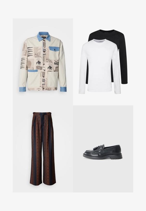 Kelių raštų smėlio spalvos švarkas su mėlynu džinsiniu apykakle ir kišene, puoštas įvairiais meniniais printais ir dviem priekinėmis kišenėmis.; Du švarkai su ilgomis rankovėmis, vienas juodas ir vienas baltas, pagaminti iš medvilnės, su apvaliais iškirpimais ir lygiu paviršiumi, išdėstyti sluoksniuotai.; Plati kelnės tamsiai mėlynos spalvos audinyje su sudėtingu oranžiniu geometriniu raštu, su surinktu priekiu ir prigludusia juosmens linija.; Juodi odiniai loafersai su apvaliu nose, juostele su kutais ir storesniu padu su raštu. Lygus paviršius ir klasikinis dizainas.