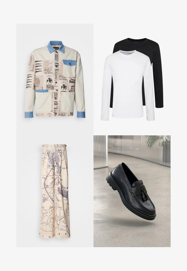 Multi-mønstret beige jakke med krave og lomme i blå denim, prydet med forskellige kunstnerisketryk og to forlommer.; To lange ærmede skjorter, en sort og en hvid, lavet af bomuld med rund hals og en glat tekstur, vist i en stakket opstilling.; Breddebenede bukser med korttryk i marineblå på en beige baggrund, med plisserede detaljer ved taljen og en afslappet pasform.; Sorte læderloafer med glat finish, dekorativ kvast, tyk gummisål og syede detaljer. Let og elegant design.