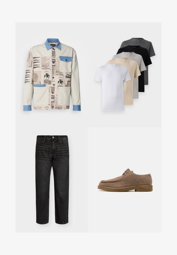 Multi-mønstret beige jakke med krave og lomme i blå denim, prydet med forskellige kunstnerisketryk og to forlommer.; Sæt af fem kortærmede t-shirts i hvid, beige, lys grå, mørk grå og sort. Fremstillet af glat bomuld med rund halsudskæring.; Sorte denimjeans med lige snit, der har en mellemhøj talje, fem lommer og metalknaplukning. Blød tekstur med let bleget effekt.; Zign LEATHER - Sporty snøresko - taupe