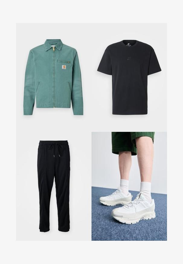 Zaļš kokvilnas jaka ar priekšējo rāvējslēdzēju, divām sānu kabatām un krūšu kabatu. Piemīt kvadrāta formas logo uzlīme ar dzeltenu akcentu.; Nike melns kokvilnas T-krekls ar klasisku piegriezumu, īsām piedurknēm un smalku, reljefu logotipu uz krūškurvja. Gluda tekstūra.; Melnas bikses ar aukliņu jostas vietā, ar sānu kabatām un taisnu kāju griezumu uz vienkrāsaina fona.; Baltas sporta apavi ar teksturētām detaļām, masīvu zoli un pelēkiem akcentiem. Valkāti ar baltiem zeķu pēdu apģērbiem un zaļām šortiem uz zilas virsmas.