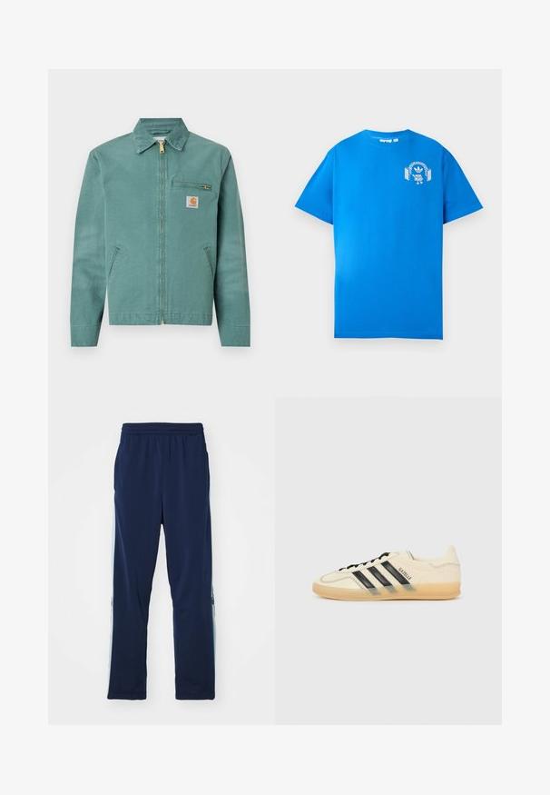 Roheline puuvillane jakk ees oleva tõmbluku, kahe külje tasku ja rinna taskuga. Omab ruudukujulist logopatchi kollase aktsendiga.; Sinine puuvillane T-särk lühikeste varrukatega. Ees on valge graafiline kujundus, mis kujutab tegelast, kellel on kõrvaklapid ja kaar.; Tumesinine sportpüksid, mis on valmistatud elastsetest kangast, laia elastse vöökohtadega, otse lõikega ja kergete külgedel olevate logo aktsentidega.; Kerge kreemjasneaker mustade kolme triibuga disainiga, tekstureeritud ülemine osa, ümar varvas ja kummitald. Omab paelu ja brändimist külgedel.