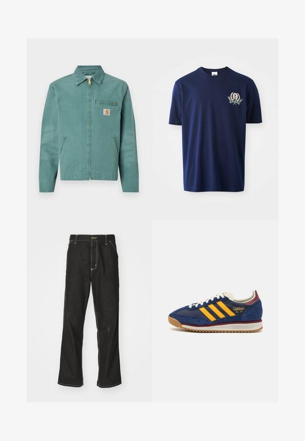 Zelena bombažna jakna s sprednjim zadrge, dvema stranskima žepoma in žepom na prsih. Ima kvadratno oznako z rumeno akcentno barvo.; Temno modra bombažna majica s kratkimi rokavi, okroglim ovratnikom in vezenim logotipom z lovorovimi poudarki na levi strani prsnega koša.; Črne jeans hlače ohlapenega kroja, ki imajo kontrastno belo šivanje, zapiranje na gumb in ravno nogavico.; Mornarsko modre suede teniske z rumenimi črtami, belimi vezalkami in burgundskimi poudarki. Teksturna podplat z utori za oprijem. Logotip blagovne znamke na strani.