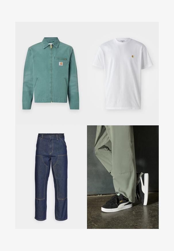 Vihreä puuvillajakku, jossa on etuvetoketju, kaksi sivutaskua ja rintatasku. Varustettu neliön muotoisella logopatchilla, jossa on keltainen lisäys.; Valkoinen puuvillapaita lyhyillä hihoilla, pyöreä kaula-aukko, jossa on pieni kultainen logo vasemmassa rintapielessä. Pehmeä kangas ja normaali istuvuus.; Tummansiniset farkut, joissa on korkea vyötärö, suora lahje, eriväriset ompeleet ja etupuolella pakki-taskut.; Mustat mokkakengät, joissa on valkoiset kumipohjat ja sivuraitoja, yhdistettynä vaaleanvihreisiin cargo-housuihin, seisoen tummalla teksturoidulla pinnalla.