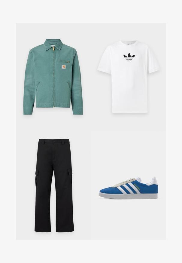 Giacca di cotone verde con zip anteriore, due tasche laterali e una tasca sul petto. Presenta un'etichetta quadrata con un accento giallo.; T-shirt bianco in cotone con logo Adidas nero al centro. Maniche corte e design con girocollo. Texture liscia.; Pantaloni cargo neri con design a gamba dritta. Realizzati in tessuto resistente, dotati di due tasche laterali con chiusura a pattina e chiusura con bottone.; adidas Originals ADIDAS GAZELLE SHOES - Scarpe da calcio indoor - real madrid/bluebird/footwear white/crew yellow