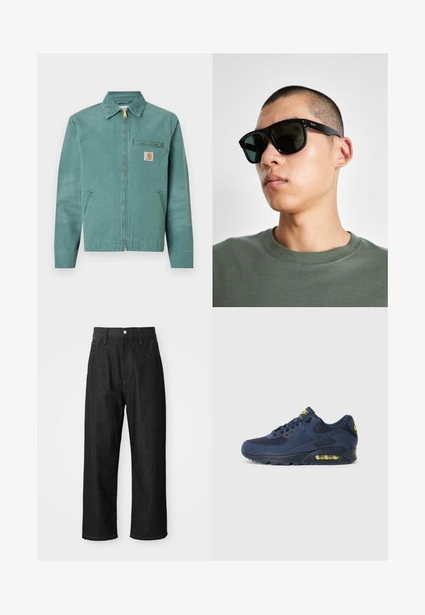 Žalias medvilninis švarkas su priekiniais užtrauktukais, dviem šoninėm kišenėm ir krūtine kišenė. Pasižymi kvadrato formos logotipo pleistru su geltonu akcentu.; Juodos spalvos medvilnės marškinėliai su trumpomis rankovėmis, apvaliu iškirpimu ir kairėje krūtinės pusėje esančia kišenėle su kvadratine logotipo etikete. Paprastas ir nepuoštas dizainas.; Juodi džinsai su laisvu siluetu, aukštu liemeniu, užtrauktuko uždarymu ir penkių kišenių dizainu. Matoma siuvinėjimo akcentai visur.; Tamsiai mėlyni Nike Air Max sportbačiai su zomšiniu ir tinkliniu paviršiumi, su geltonais akcentais, raištelių uždarymu ir matoma oro pagalve pada.; Juodos stačiakampės saulės akinių su tamsiais objektyvais, turinčių išskirtinę formą ir prekės ženklą ant šventyklos. Dėvi asmuo, apsirengęs žalia marškinėliais.