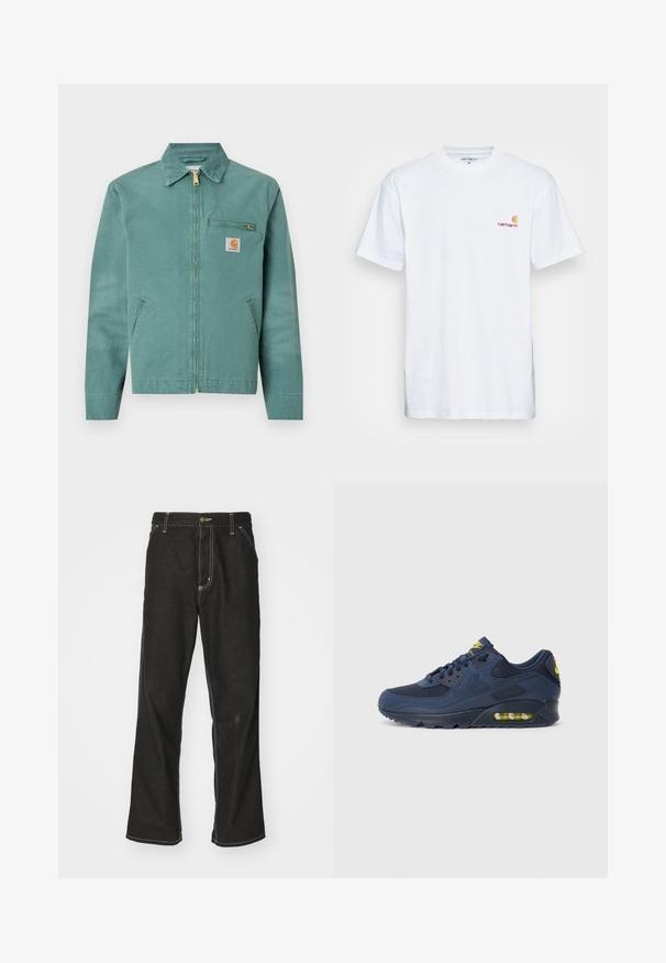 Green cotton jacket with a front zipper, two side pockets, and a chest pocket. Features a square logo patch with a yellow accent.; White cotton t-shirt with short sleeves. Designed with a small orange and maroon logo on the left chest. Features a classic crew neck.; Black denim jeans with a loose fit, featuring contrasting white stitching, a button closure, and a straight leg design.; Navy blue Nike Air Max sneakers with suede and mesh upper, featuring yellow accents, lace-up front, and visible air cushioning in sole.