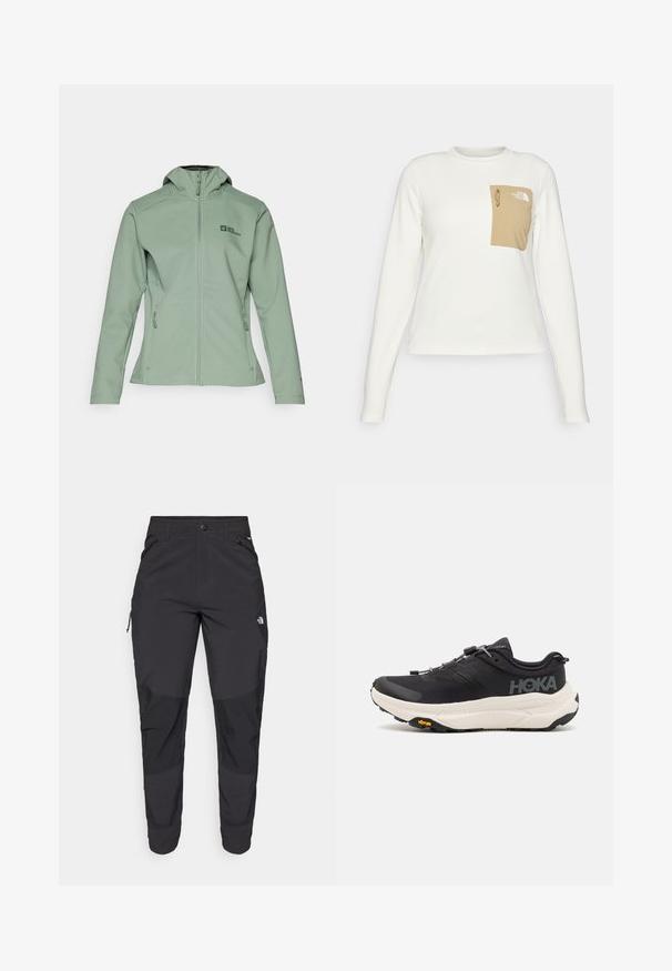 Weiche grüne Zip-Jacke mit Kapuze, zwei Seitentaschen und kleinem Logo auf der linken Brust. Glattes Material und strukturierte Passform.; Weißes Langarmhemd aus strukturiertem Stoff mit einer beigen aufgesetzten Tasche, die einen Kordelzug und ein Logo trägt.; Schwarze Outdoor-Hosen aus strapazierfähigem Material. Verfügen über Reißverschlusstaschen, verstärkte Knieeinsätze und ein gerades Design für Beweglichkeit.; Schwarze Sportschuhe mit einem atmungsaktiven Mesh-Obermaterial, Gummisohle, weißem dämpfenden Zwischensohle und reflektierenden Schnürsenkeln. Vibram-Logo auf der Sohle.