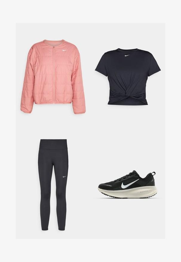 Padded pink jacket with a round neckline and zip closure, featuring stitched horizontal panels and a white Nike logo on the chest.; Black athletic t-shirt made of smooth fabric, featuring a knotted front design and a small white Nike logo on the chest.; Black leggings made of stretchy fabric, featuring a high waistband and a white Nike logo on the left thigh. Smooth texture, form-fitting design.; Black Nike running shoe with breathable mesh upper, white swoosh logo, textured detailing, and a cream-colored ZoomX midsole.