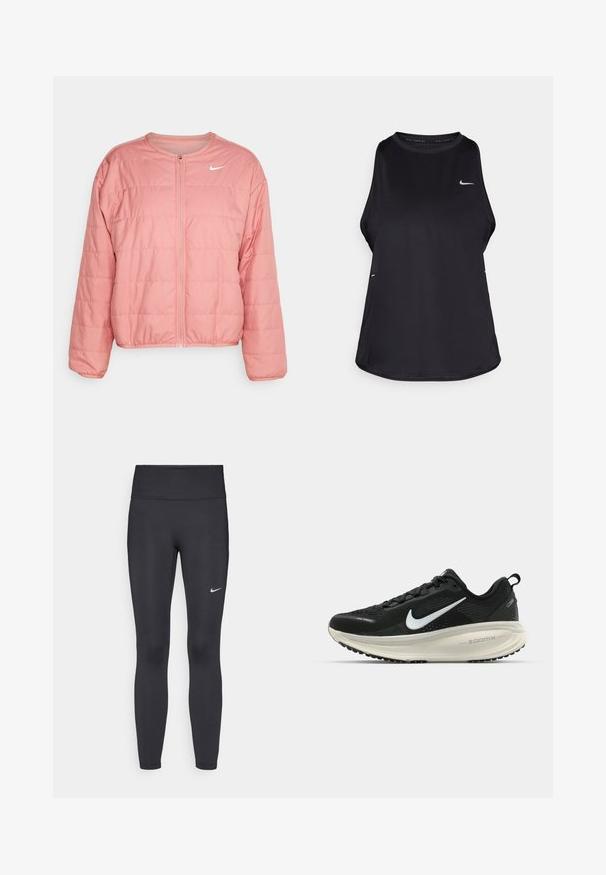 Veste rose rembourrée avec un col rond et une fermeture éclair, dotée de panneaux horizontaux cousus et d'un logo Nike blanc sur la poitrine.; Débardeur de course sans manches noir, fabriqué dans un matériau léger, avec un col rond ; présente un logo discret et des fentes sur les côtés pour une meilleure respirabilité.; Leggings noirs en tissu extensible, dotés d'une taille haute et d'un logo Nike blanc sur la cuisse gauche. Texture lisse, design ajusté.; Baskets de course noir Nike avec tige respirante en mesh, logo swoosh blanc, détails texturés et semelle intermédiaire ZoomX de couleur crème.