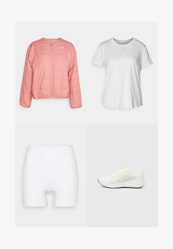 Padded pink jacket with a round neckline and zip closure, featuring stitched horizontal panels and a white Nike logo on the chest.; White short-sleeve T-shirt made of smooth fabric, featuring a round neckline and a small grey Nike logo on the chest.; White high-waisted shorts made from stretch fabric. Features a smooth texture and fitted design, with no additional patterns or hardware.; Nike Performance DOWNSHIFTER 13 - Road running shoes - sail/silver-coloured photon dust/summit white/barely volt/black
