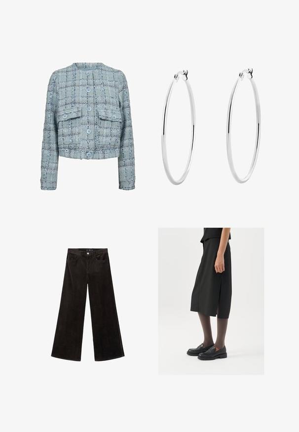 Vaaleansininen tweed-takki, jossa on ruutukuosi, kaksi etutaskua, pyöreä kaula-aukko ja viisi nappia. Lyhennetty malli, tekstuuri. ; Harmaa ribattua hihattomaa tanktoppi, jossa on pyöreä pääntie. Pehmeä materiaali ja ihonmyötäinen malli, sopii rentoihin asuihin tai kerroksellisiin vaihtoehtoihin.; Mustat corduroy-laajakankaiset housut, joissa on korkea vyötärö, etutaskut ja teksturoitu kangas, varustettu nappikiinnityksellä ja vyölenkeillä.; Mustat polvenpituinen hame, jossa on sivuaukko, yhdistettynä mustiin loafer-kengiin ja ohuisiin ruskeisiin sukkahousuihin. Hameessa on sileä kangas ja yksinkertainen muotoilu.; Hopehope hopehope hopehope hopehope hopehope, joka on sileä ja kiillotettu pinta ja ohut, pyöreä muoto. Muotoilu sisältää turvallisen lukituksen.